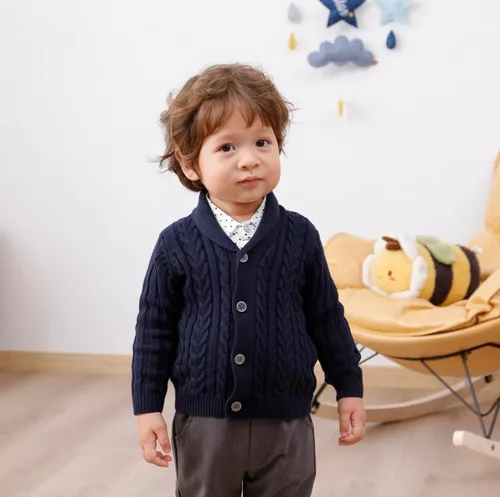 Miniatura 6 de Feidoog Cárdigan de ganchillo para bebés y niños, cuello en V, suéter de punto con botones para niños pequeños
