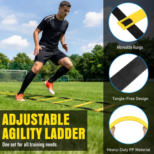 Miniatura 5 de Agility Ladder, Soccer Football Training Equipment Set - 20ft Speed Ladder, 4 Hurdles,Parachute, 12 Cones & Jump Rope Agility & Speed Training for