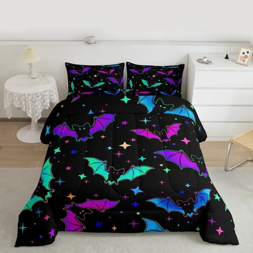 Miniatura 5 de Erosebridal Juego de ropa de cama de murciélago de Halloween, tamaño individual, juego de edredón de estrellas con purpurina y galaxia para niños