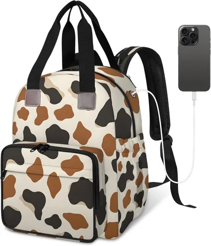 Animal Cow Print Diaper Bag Backpack for Travel, Waterproof Diaper Bag with Insulated Bottle Pockets & USB Port, Large Capacity Baby Bag for Moms &
