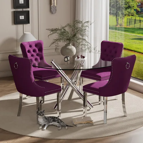 Miniatura 42 de Juego pequeño de mesa redonda con tapa de vidrio transparente para 2, 36'' Juego moderno de lujo para cenas circulares, 3 piezas Juego minimalista