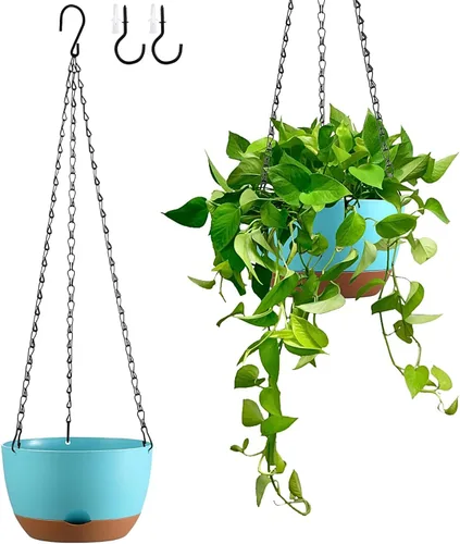 Miniatura 9 de Juego de 2 macetas colgantes de autoriego de 8 pulgadas para plantas de interior y exterior, cestas colgantes de bloques de color, macetas