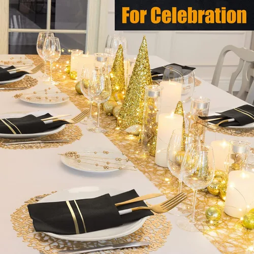 Miniatura 6 de Roshtia Paquete de 50 servilletas desechables de lino con bolsillo integrado para cubiertos con ribete dorado, papel preplegado para bodas