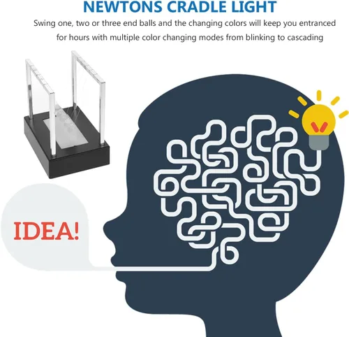 Miniatura 9 de SEWACC Newton's Cradle Balance - Bolas de péndulo para decoración de oficina con base negra, escritorio con luz LED, bolas cinéticas oscilantes