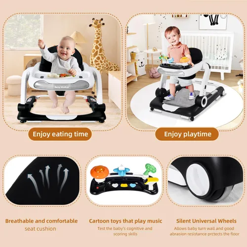 Miniatura 5 de Andador de bebé 5 en 1 con ruedas, andadores de bebé para niños y niñas de 6 a 18 meses, andador plegable ajustable con saltador, bandeja de Negro