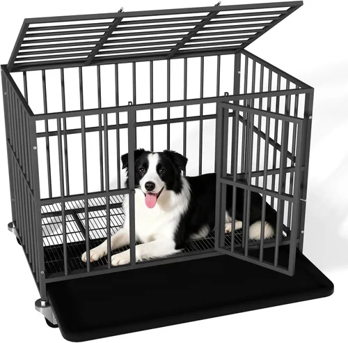 Jaula para perros resistente de 38 pulgadas con puertas dobles y ruedas con cerradura, perrera grande para interiores, bandeja extraíble para una