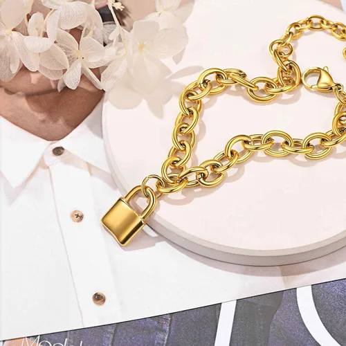 Miniatura 8 de FOCALOOK Pulseras de cadena de eslabones para mujer, pulseras personalizables, chapadas en oro de 18 quilates, pulsera con dije de bloqueo de cadena