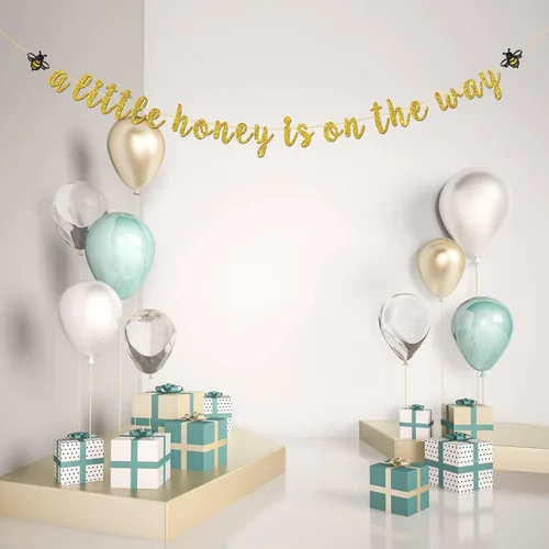 Miniatura 6 de Cartel con texto en inglés "A Little Honey is on The Way" con purpurina dorada con temática de abejorros y abejas, revelación de género, decoración