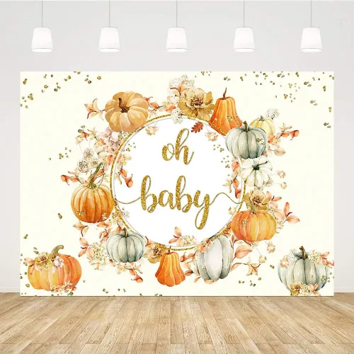Miniatura 2 de Sendy Telón de fondo de otoño de 7 x 5 pies para baby shower, niño o niña, calabazas, baby shower, fotografía de fondo de calabaza dorada Oh Baby