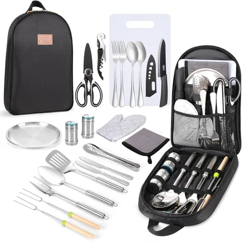 Juego de utensilios de cocina portátil para acampar de 27 piezas, kit de utensilios de cocina de acero inoxidable para cocinar y asar al aire libre,