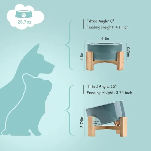 Miniatura 4 de SPUNKYJUNKY Cuenco de cerámica inclinado en 15° para perros y gatos con soporte de madera, cuenco inclinado para comida y agua para bulldog, Verde
