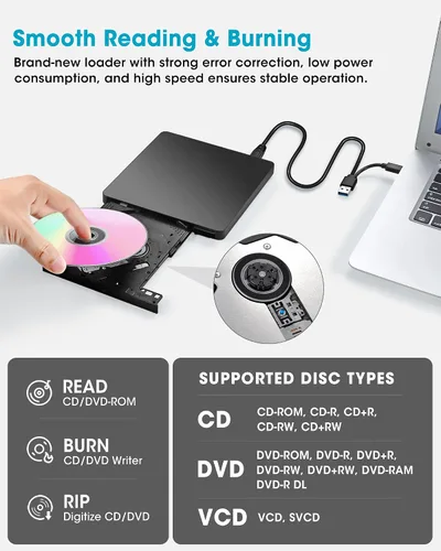 Miniatura 4 de ROOFULL Unidad externa de CD/DVD USB 3.0 y USB-C, ultrafina de 0.5 pulgadas, reproductor de CD y DVD de alta velocidad, grabador para computadora
