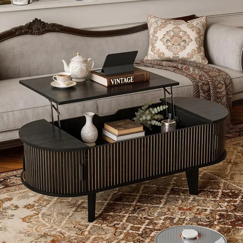 Mesa auxiliar ovalada con almacenamiento, mesa de centro acanalada de 47.2 pulgadas con puerta corrediza de tambor de 180°, mesa central moderna de