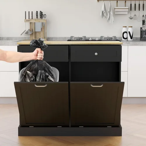 Miniatura 3 de RASOO Gabinete de basura de doble inclinación hacia fuera, cesta de lavandería independiente de madera con 2 cajones, cubo de basura de cocina