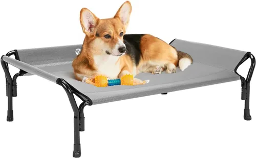 Miniatura 12 de Veehoo Cama elevada refrescante para perros, cuna elevada XL para mascotas con barandilla y reposacabezas inclinado, malla Teslin transpirable Gris