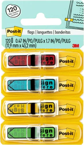 Post-it Banderas de mensaje "Sign Here", 30 por dispensador, paquete de 4 dispensadores, 1,2 cm de ancho, colores surtidos (684-SH)