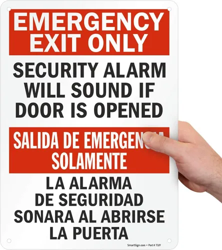 SmartSign Letrero bilingüe "Solo salida de emergencia: la alarma de seguridad sonará si la puerta está abierta", plástico de 10 x 14 pulgadas