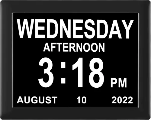 Reloj con calendario digital, fecha y hora, día de la semana, 8 opciones de alarma + atenuación automática para pacientes ancianos con demencia