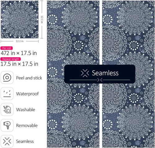 Miniatura 7 de ReWallpaper Papel tapiz azul y blanco de 17.5 pulgadas x 39 pies, papel de contacto floral bohemio para armarios, cajones, paredes, papel tapiz