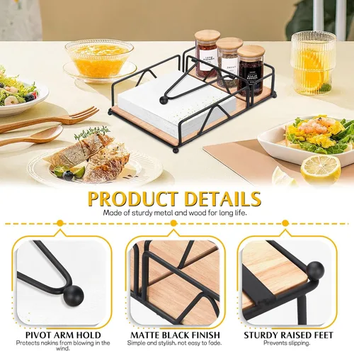 Miniatura 3 de Servilleteros para servilletas de papel, servilletero plano con base de madera, cesta de servilletas de acero inoxidable negro para cocina, fiesta