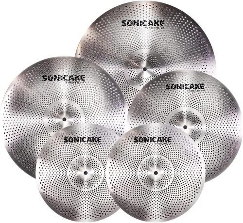 SONICAKE Paquete de platillos de bajo volumen Juego de platillos silenciosos 14" Hi-Hat + 16" Crash + 18" Crash + 20" Ride Juego de práctica de