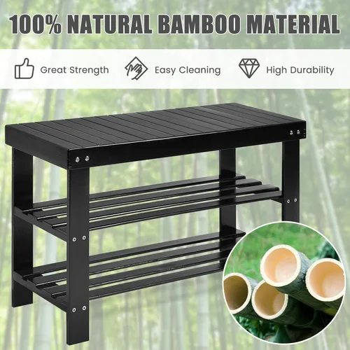 Miniatura 5 de Giantex Banco de zapatos de entrada, organizador de zapatos de bambú con capacidad para hasta 6 pares, 3 niveles de almacenamiento de zapatos Negro