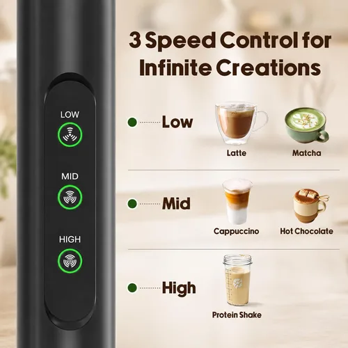Miniatura 3 de Espumador de leche recargable de mano con 3 velocidades, 3 batidores desmontables con soporte, varita mezcladora de bebidas de café eléctrico