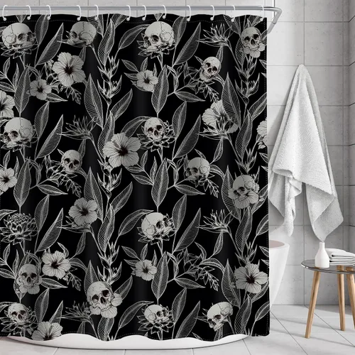 Miniatura 2 de AMBZEK Cortina de ducha con diseño floral de calavera gótica, 60 pulgadas de ancho x 72 pulgadas de largo, para hombre, esqueleto gótico