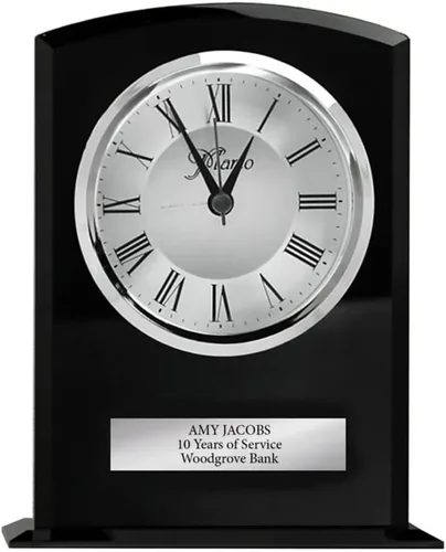 Miniatura 11 de Baudville Trofeo de reloj grabado, cristal transparente con acento azul, pieza de tiempo de inserción de plata, tres líneas personalizadas