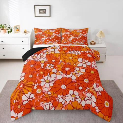 Miniatura 13 de Juego de ropa de cama con estampado floral bohemio, tamaño individual, diseño retro de flores groovy, 60S y 70S, juego de edredón de flores hippie