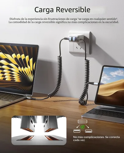 Miniatura 5 de Cable USB A a USB C de 90 grados, paquete de 2 cables USB tipo C en espiral de 3 pies para automóvil, cable de carga rápida USB-C compatible