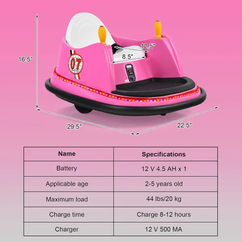 Miniatura 9 de HONEY JOY Coche de parachoques para niños pequeños de 12 V, funciona con batería, joysticks duales, luz LED intermitente y giro de 360 grados, Rosa