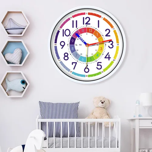 Miniatura 6 de Reloj de pared para niños, reloj de pared silencioso de 12 pulgadas para niños, reloj de pared decorativo de cuarzo silencioso sin tictac para aulas