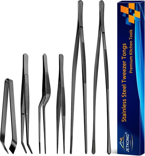 Miniatura 8 de JETKONG Juego de 6 pinzas de cocina de acero inoxidable de 12 y 6.3 pulgadas, pinzas de chef profesionales para cocinar, reparar, mariscos, Plateado