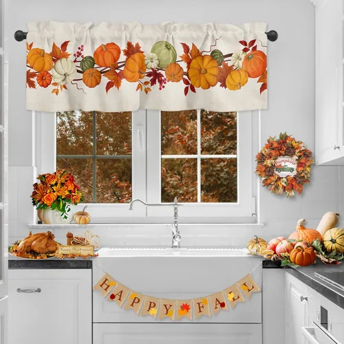 Cenefa de cortina para decoración de ventana, bolsillo para barra, cortinas cortas para granja, otoño, calabazas, vides y hojas, cortinas de