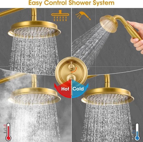 Miniatura 5 de Cabezal de ducha de lluvia con combo de mano, sistema de ducha dorado cepillado con válvula de presión de equilibrio, cabezal de ducha de 9 pulgadas