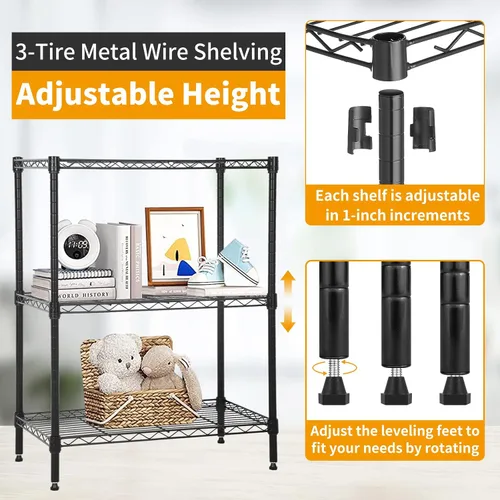 Miniatura 4 de Estantería de alambre ajustable de 3 niveles, estantes de metal con patas niveladoras, estante de almacenamiento para armario, cocina, baño, estante