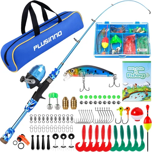Miniatura 10 de PLUSINNO Caña de pescar para niños con carrete Spincast telescópica caña de pescar Combo kits completos para niños, niñas y adultos Rosa