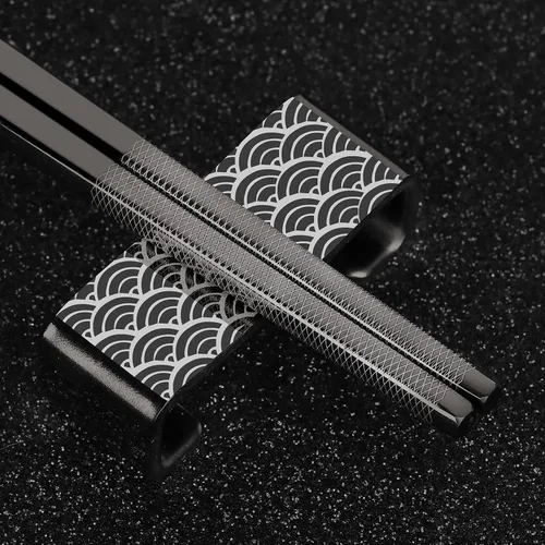 Miniatura 7 de Palillos de Metal Reutilizables 2 Pares de Palillos de Acero Inoxidable 18/8 Chapados en Titanio con Soporte, Aptos para Lavavajillas, Ligeros, Negro