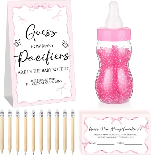 Miniatura 30 de Roowest 512 piezas de juegos de baby shower Adivina cuántos chupetes letrero, 100 pequeños juegos de adivinanzas, 10 lápices HB, botella de leche