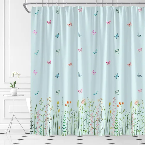 Miniatura 3 de Cortina de ducha de flores y mariposas, flores de flores, primavera, naturaleza, fantasía, jardín, tela para el hogar, juego de decoración de baño