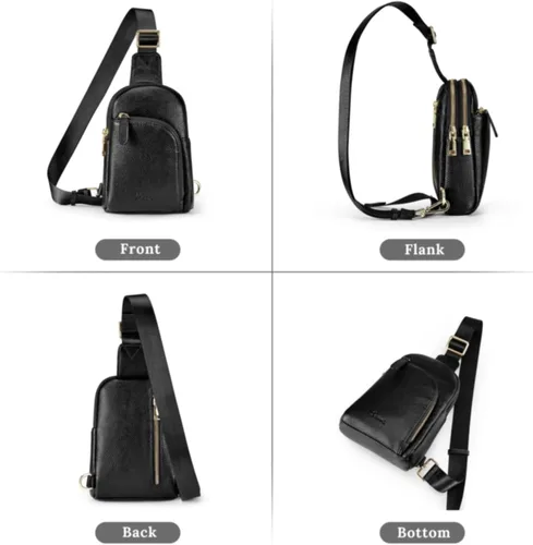 Miniatura 9 de S-ZONE Bolso bandolera para mujer, cangureras de cuero genuino con bloqueo RFID, bolsas cruzadas en el pecho, regalos para mujeres y hombres, Negro