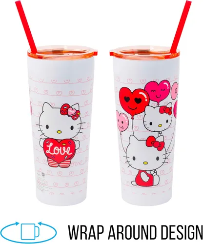 Miniatura 4 de Silver Buffalo Hello Kitty Globos de Corazón Vaso Térmico de Acero Inoxidable de Doble Pared con Pajilla, 22 Onzas Globos de corazón de Hello Kitty