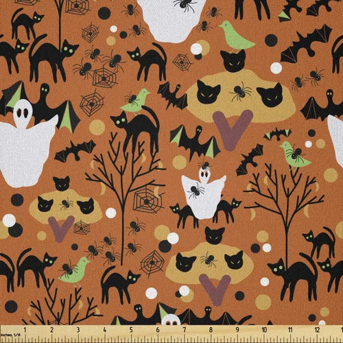 Miniatura 65 de Ambesonne The Yard, tela de calavera colorida con temática de Halloween, diseño de calavera y huesos cruzados, divertido estampado de dibujos