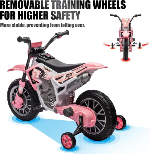 Miniatura 4 de JOYLDIAS Motocicleta de cross para niños, 12V7AH con batería, motocicleta para niños, bicicleta de calle todoterreno con música, ruedas de Rosa