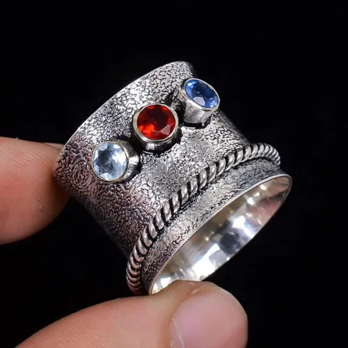 Miniatura 2 de Silver Spinner Ring, Handmade Blue Topaz Band, Blue Sapphire and Garnet Gemstone Ring, Bezel Setting Statement Fidget Jewelry