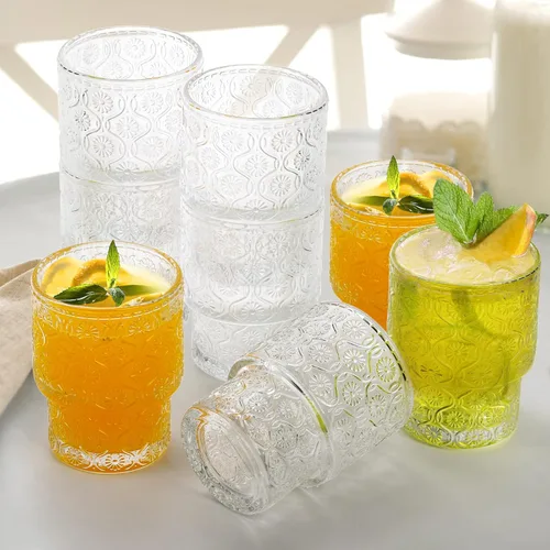 Miniatura 4 de AVLA Paquete de 8 vasos vintage para beber, vaso romántico de jugo de agua de 7 onzas, transparente, apilable, para café, cóctel, bar, bebidas, té