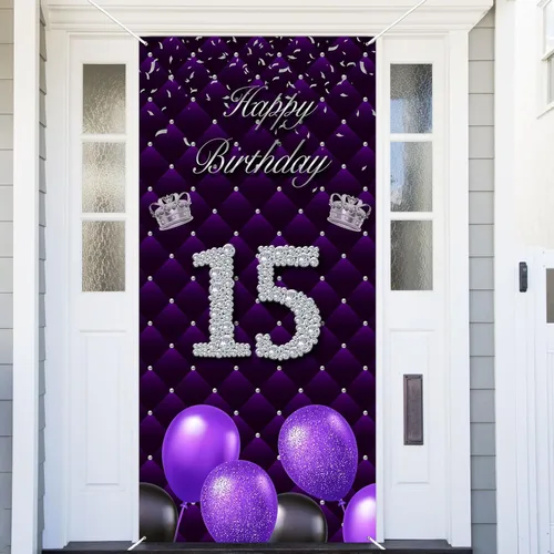 Cartel de feliz cumpleaños 15 color morado, telón de fondo para cabina de fotos, globos de corona plateada, decoración temática para niña,