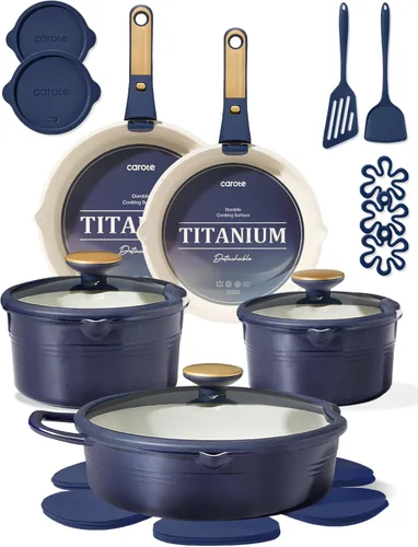 CAROTE Juego de 21 utensilios de cocina de titanio, juego de ollas y sartenes antiadherentes, juego de cocina de cocina con mango desmontable, Azul