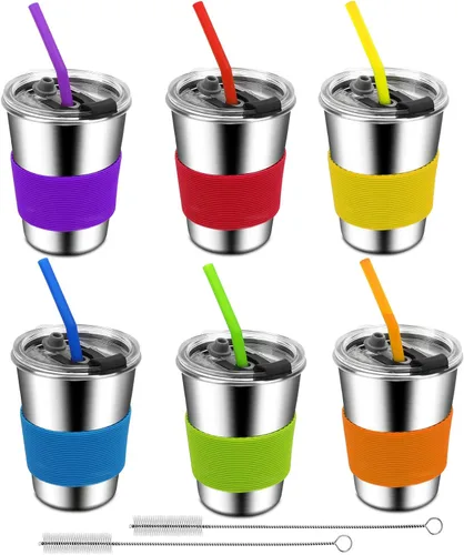ShineMe Vasos para niños con pajitas y tapas, 12 onzas, a prueba de derrames, con mangas, vaso de agua reutilizable para bebidas frías y calientes,